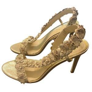 Jessica Simpson JESSIN 3D Floral Appliqué Heels Gold Sandals Sz 9.5 Wedding Prom